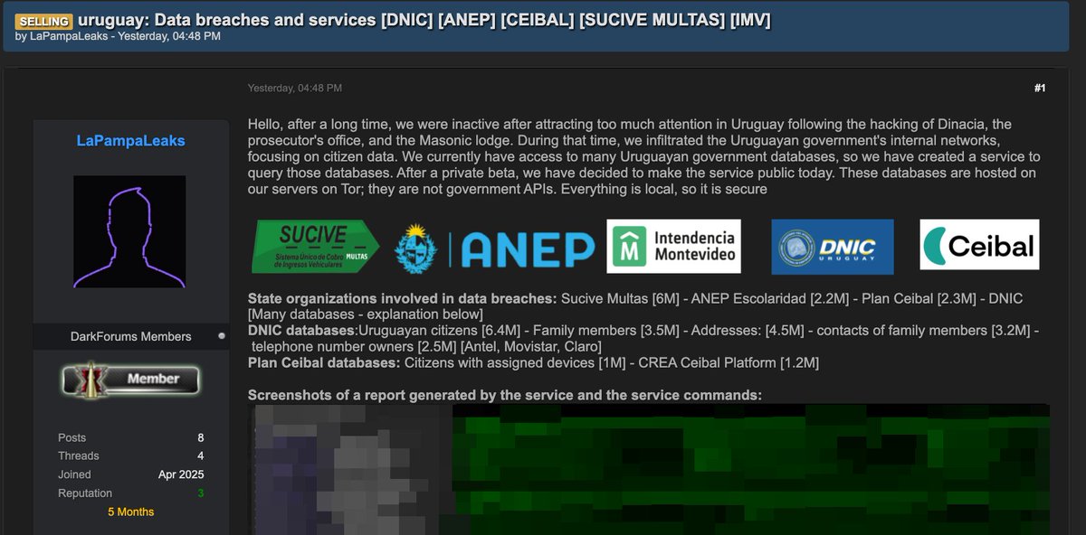 _venarixES_'s tweet photo. 🚨 Múltiples sitios gubernamentales en #Uruguay 🇺🇾 habrían sido expuestos por el grupo #hacker #LaPampaLeaks...
⚠️ #Ceibal (@Ceibal_Uy), el centro nacional de innovación educativa y tecnologías digitales...
⚠️ #SUCIVE (https://t.co/ign3FecpFk), Sistema Único de Cobros de Ingresos Vehiculares, gestiona los impuestos, tasas y multas vehiculares...
⚠️ #ANEP (@ANEP_Uruguay), Administración Nacional de Educación Pública
⚠️ Intendencia de #Montevideo (@montevideoIM)
⚠️ #DNIC (@Minterioruy), Dirección Nacional de Identificación Civil
🚩 Se evidencian nombres, apellidos, fechas de nacimiento, emails, cédulas, direcciones, teléfonos, emails y más...
@compresidencia
Monitorea este incidente en #VenariX ➡️ https://t.co/OW9Te2XdwS
#ciberataque #DataLeak #CyberAttack #Ciberseguridad #infosec #CyberSec