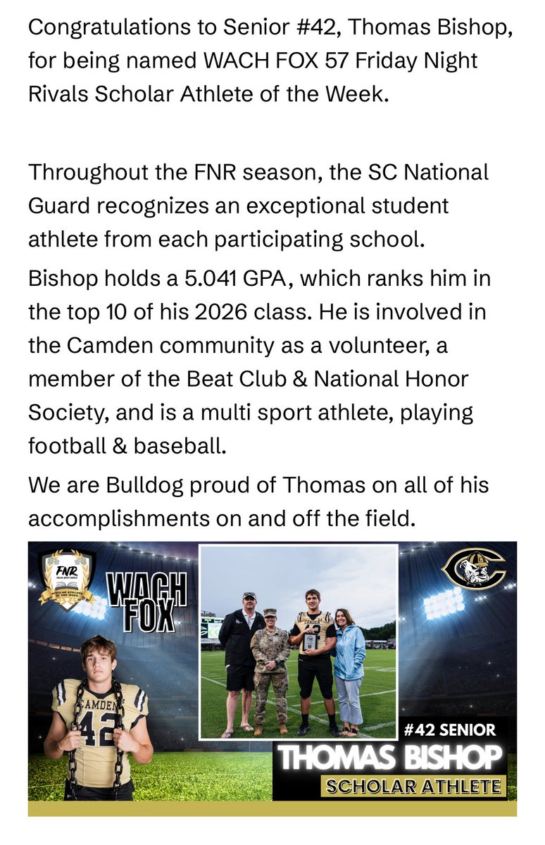 CamdenHighbsb's tweet image. So proud of Thomas Bishop being such a well rounded person, student and athlete! By the way, he also was the Defensive Player of the Game w/ 5 Tackles, 4 Assists and 3 Tackles for Loss as a Defensive End in the Dogs 43-0 Homecoming Win over Dreher! #CLIMB #CamdenStrong
