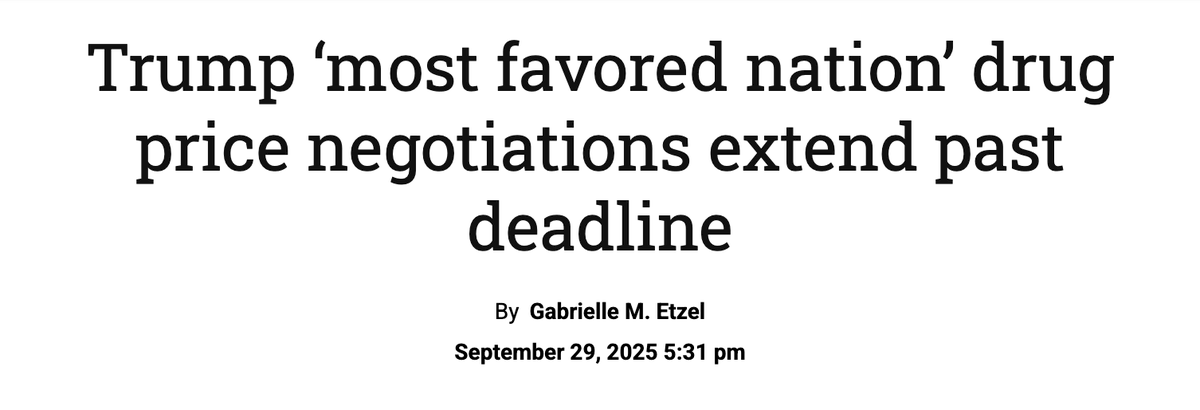 🚨 BREAKING: "MOST-FAVORED NATION" DRUG PRICE NEGOTIATIONS BETWEEN THE TRUMP ADMINISTRATION AND PHARMA COMPANIES ARE ONGOING EVEN THOUGH THE DEADLINE PASSED YESTERDAY 

Source: Washington Examiner

$HIMS $LLY $NVO