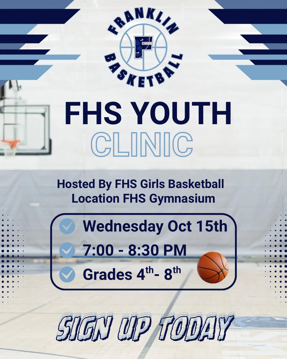 ✨ Skills, Fun, Teamwork. ✨
The FHS Girls Basketball Youth Clinic is here! Don’t miss your chance to train with Coach Leighton + the team🏀! A perfect way to get ready for the hoops season. Don't miss out—please register today🐾💙 

Registration Link👇
forms.gle/EtRMf5UDWLvFbq…