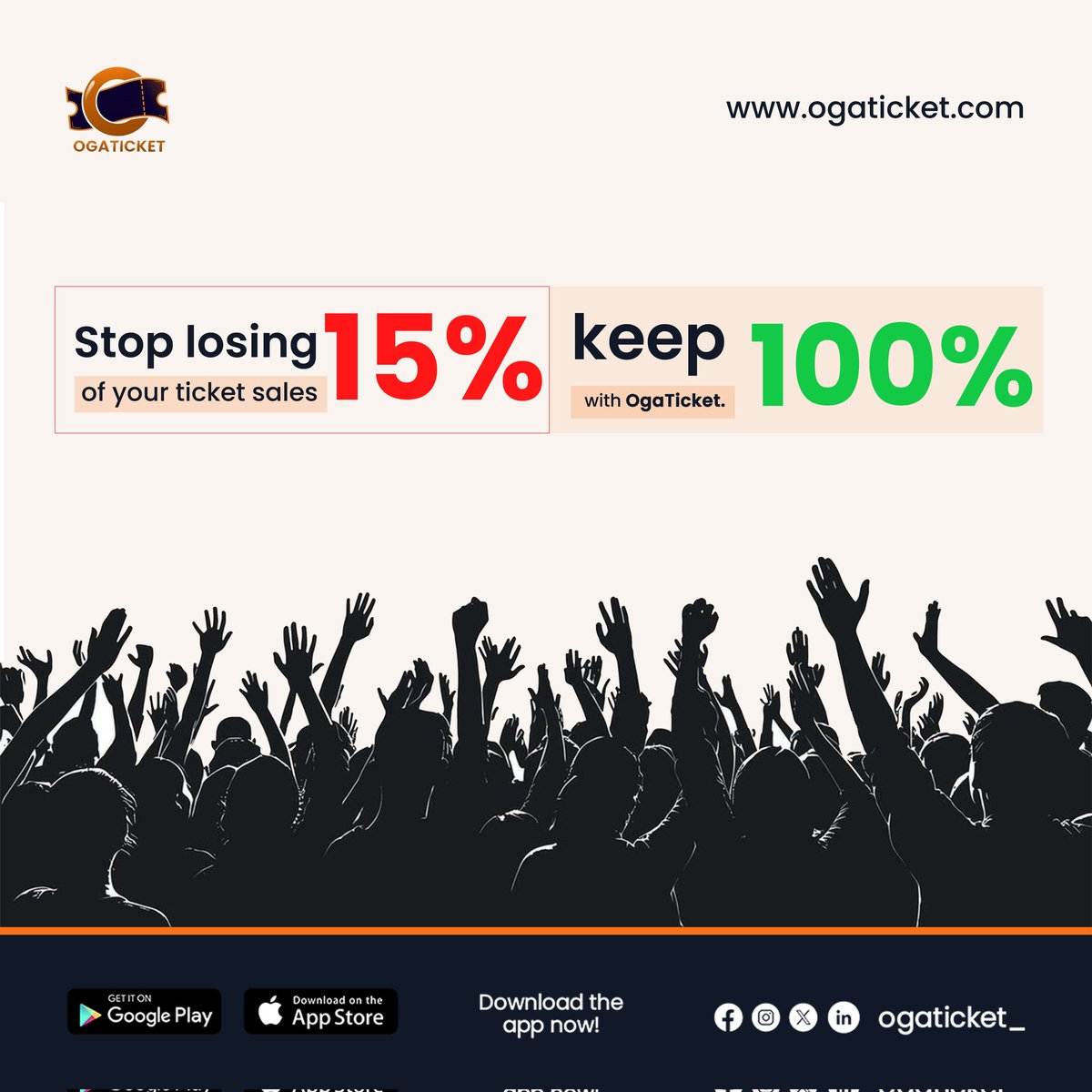 Ogaticket_'s tweet image. Stop losing 15% of your ticket sales 🎟️
With OgaTicket, you keep 100% of your hard-earned money 💯💵
No hidden charges. No losses. Just pure profit! 🚀
👉 Download the app today on Google Play &amp;amp; App Store.

#OgaTicket #EventOrganizer  #EventTech