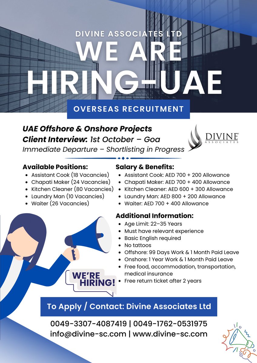 DivineAssociat's tweet image. Immediate hiring for Assistant Cooks, Chapati Makers, Kitchen Cleaners, Laundry Men &amp;amp; Waiters – apply via Divine Associates Ltd today!
#DivineAssociatesLtd #UAEJobs #OverseasRecruitment #HospitalityCareers #GulfJobs
