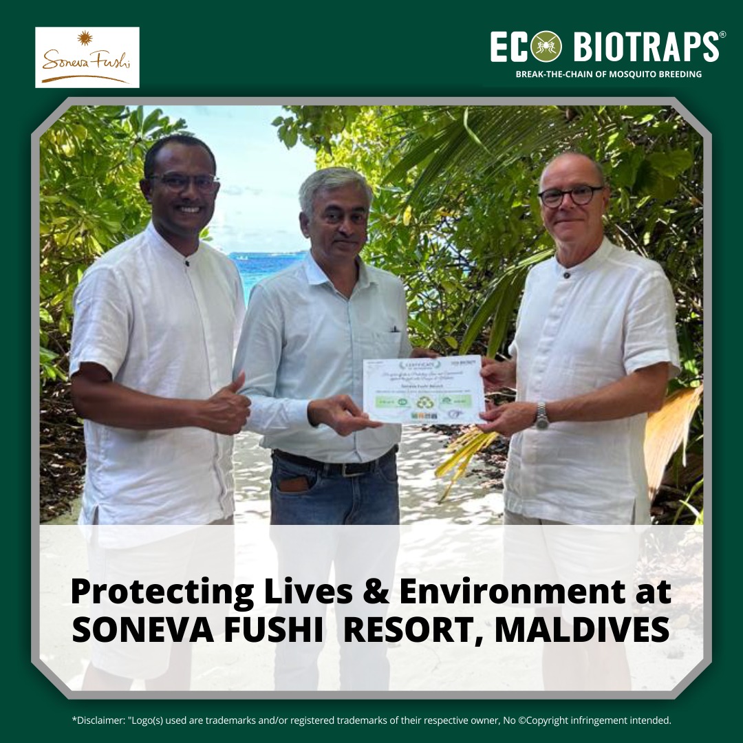 Soneva has taken a step in safeguarding its serene and luxurious environment, ensuring the safety of guests and staff from day-biting dengue mosquitoes by deploying EBT . We are proud to honor Mr. Antony &amp;  Mr. Ali with the Sustainability Certificate for their initiative
