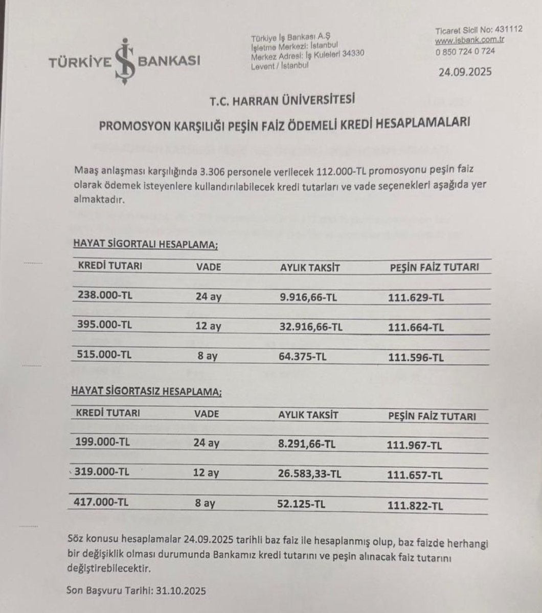 📌 Harran Üniversitesi – İş Bankası
⏳ 2025–2028 (3 yıl)
💰 112.000 TL promosyon

👉 Nakit almak istemeyen personele 6 seçenekli faizsiz kredi imkânı da sunuldu.

Son Başvuru Tarihi: 31.10.2025