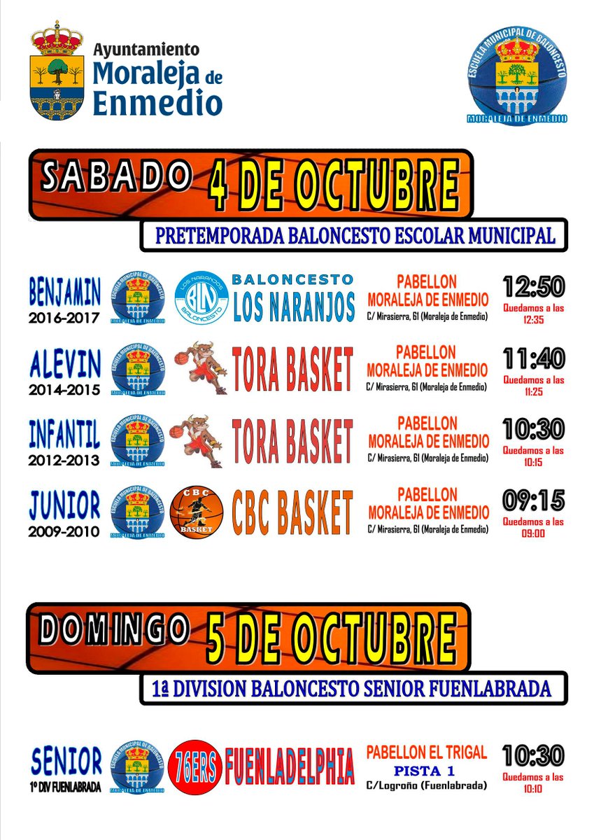 🏀 ¡𝗔𝗿𝗿𝗮𝗻𝗰𝗮 𝗹𝗮 𝗽𝗿𝗲𝘁𝗲𝗺𝗽𝗼𝗿𝗮𝗱𝗮 𝗱𝗲 𝗯𝗮𝗹𝗼𝗻𝗰𝗲𝘀𝘁𝗼! 🏀
📅 4 y 5 de octubre 
📍 Moraleja de Enmedio y Fuenlabrada
Este fin de semana nuestros equipos de baloncesto saltan a la cancha para sus partidos de pretemporada.
🗓️ Sábado 4
📌 Pabellón Deportivo