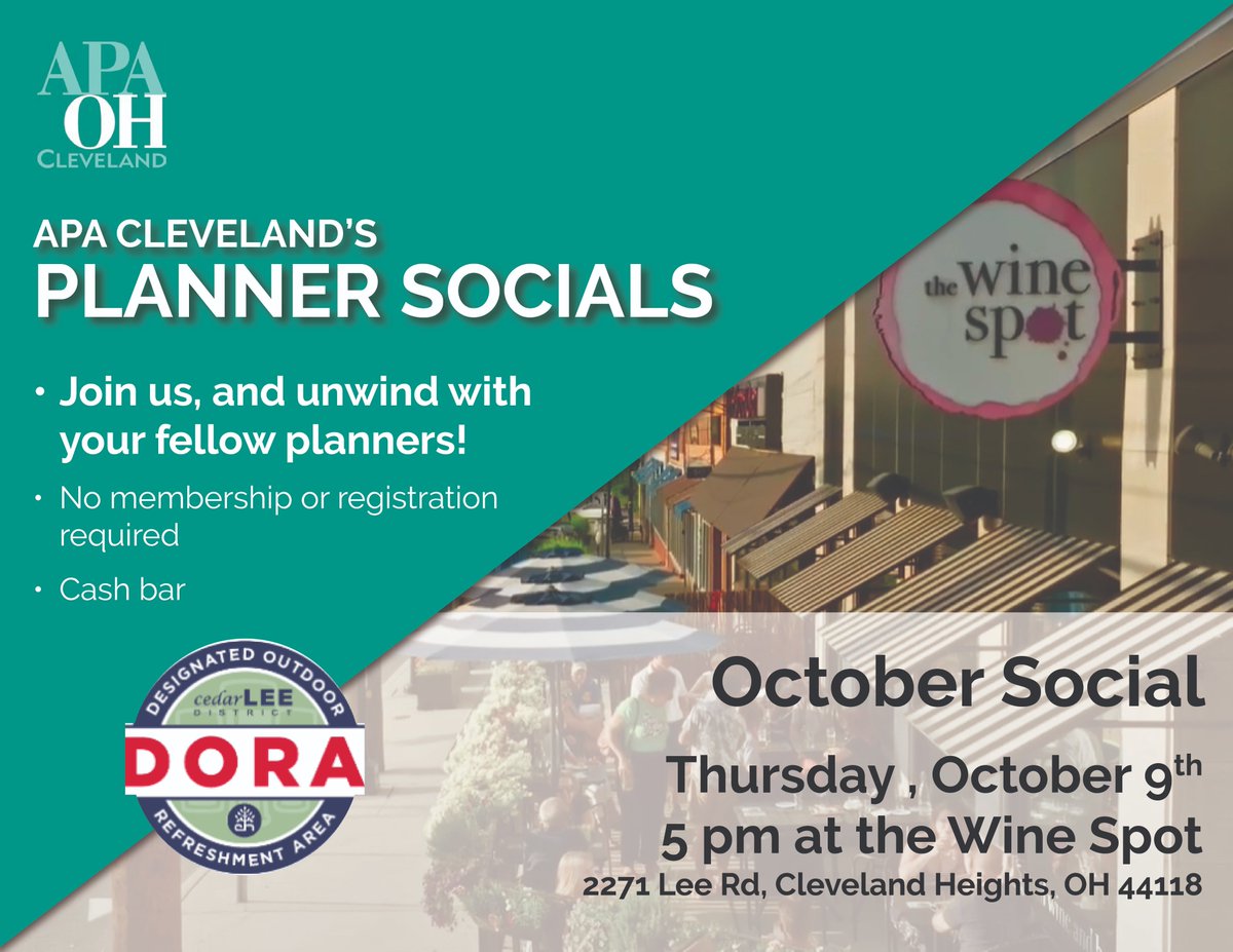 Next APA CLE Planner Social will be Thu, Oct 9, 5 PM at the Wine Spot in CLE Hts! Come explora the DORA with us!

Cal Hold Link: calendar.app.google/tfE2AtCj4ZmA7Q…
