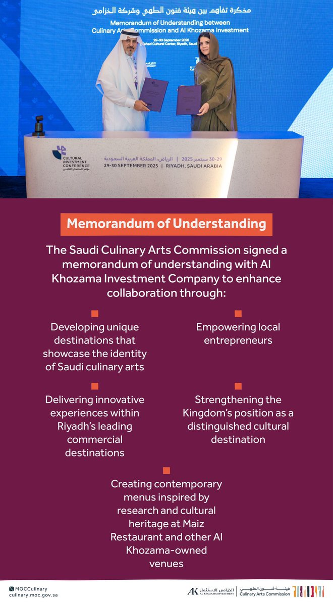 As a distinguished step toward developing unique destinations that highlight the identity of Saudi culinary arts, the #SaudiCulinaryArtsCommission signed a memorandum of understanding with Al Khozama Investment Company at the #CulturalInvestmentConference2025.