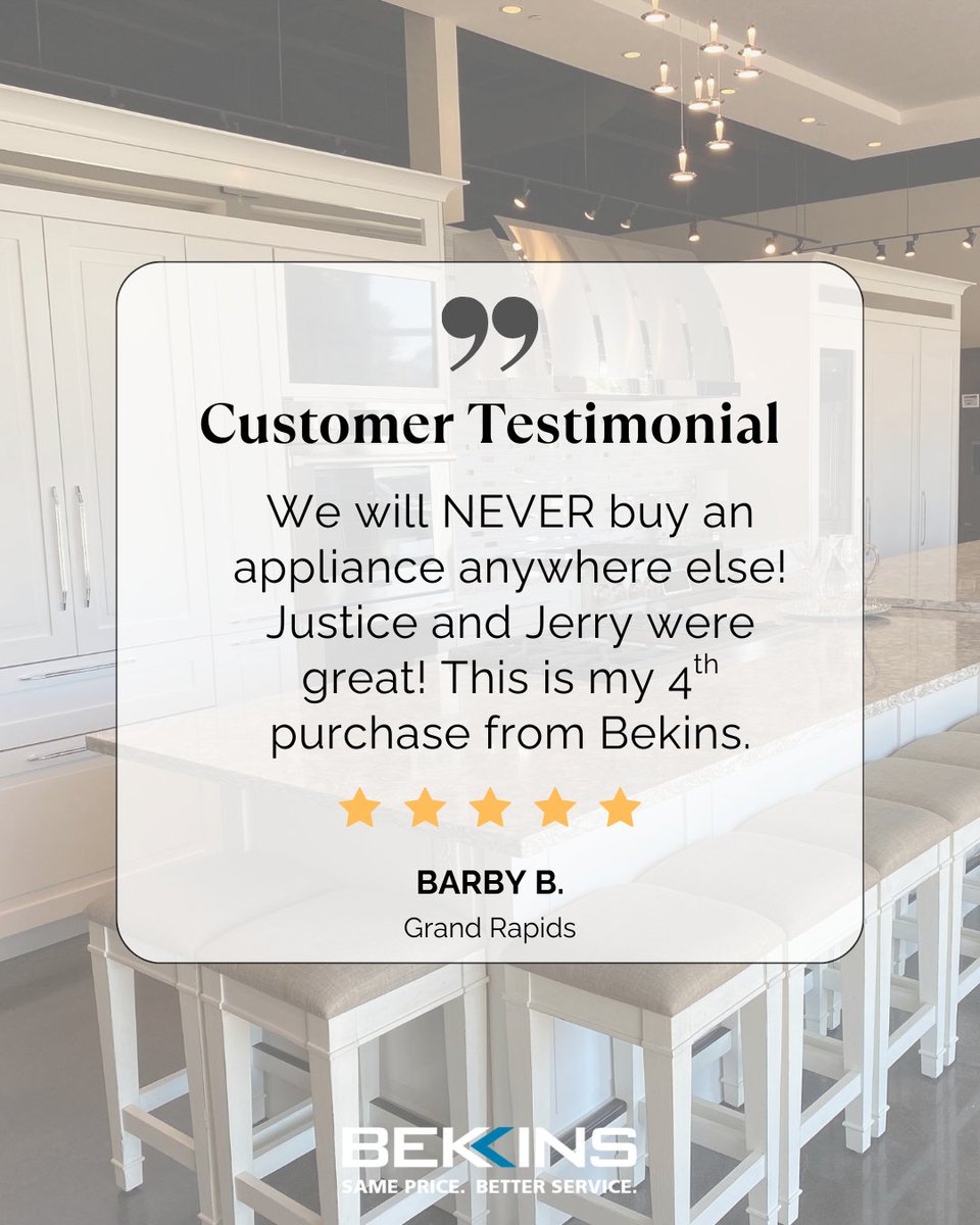 _bekins's tweet photo. We are so thankful for our loyal customers like you, Barby! So happy to hear you enjoyed working with Justice and Jerry—they rock!

#BekinsAppliances #westmichigan #shoplocal #appliances https://t.co/N0xcnvvw01