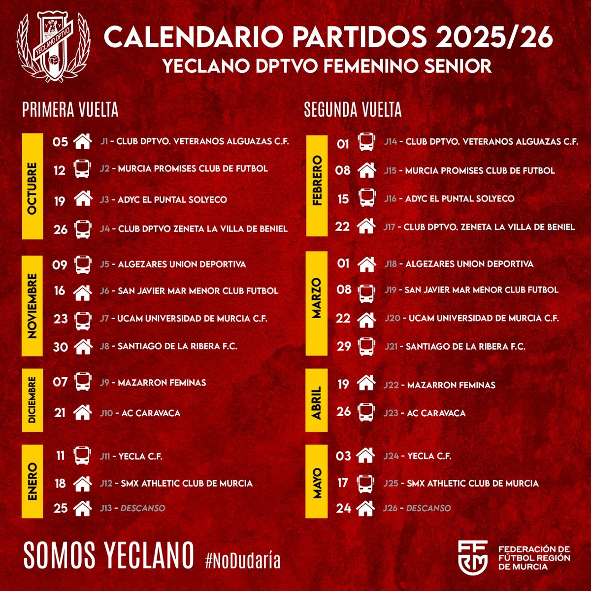 💙❤️ 𝐓𝐄𝐌𝐏𝐎𝐑𝐀𝐃𝐀 𝟐𝟎𝟐𝟓/𝟐𝟔 ❤️💙

👀✍️🗓 ¡Aquí tenéis el calendario  del #YeclanoFemSenior para este bonito reto que tienen en #PreferenteAutonómica - <a href="/ffrm_es/">FFRM</a> las chicas de Disla y Pablo! 💪📊🔛

#GraciasAfición 📢 #NoDudaría
#SomosYeclano ⚽️ #SomosCantera