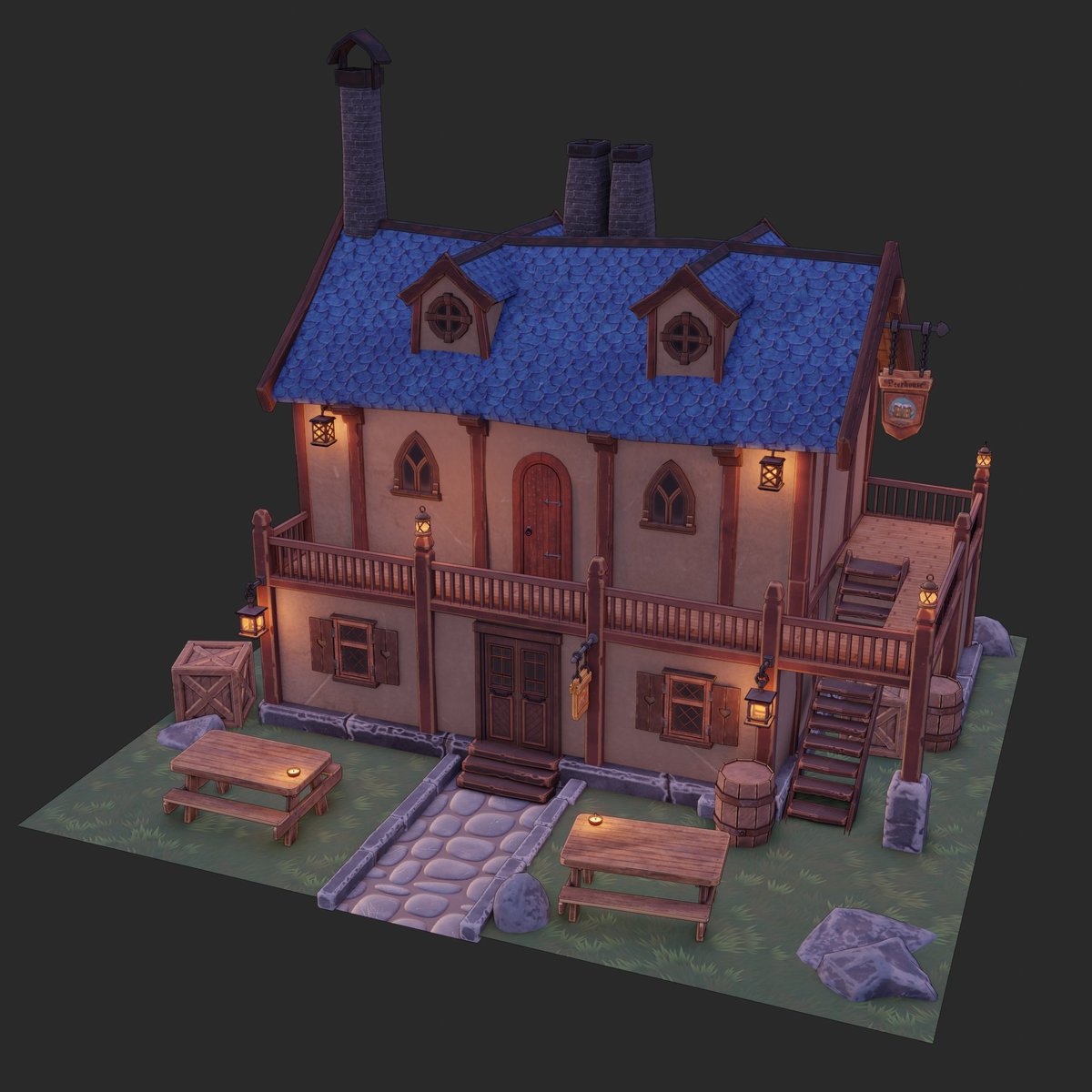 Here is a major one.

Remember previous roof and logos? I did it for this particular #tavern
This is meant to be game asset, hope you appreciate it.

~~~
#blender #3d #3dmodeling #3dmodel #building