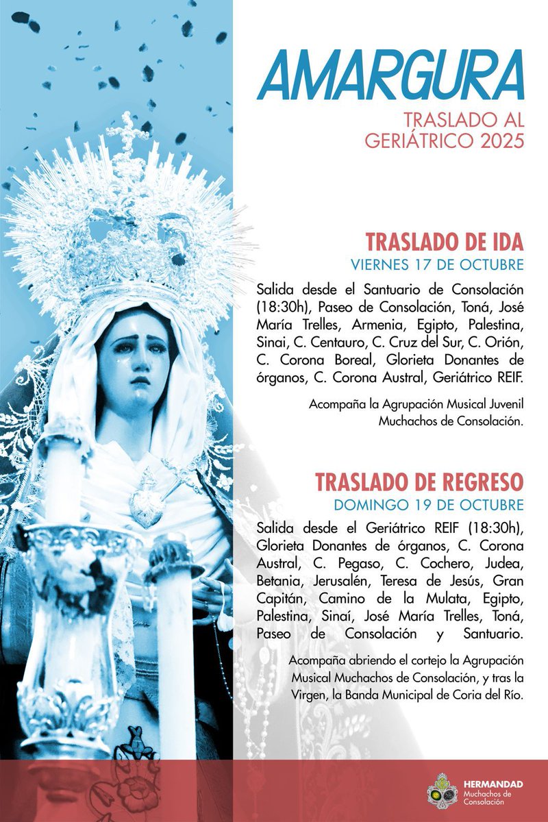 Hdad. Muchachos de Consolación (@hdadmuchachos) on Twitter photo Un año más, con la llegada del mes de octubre, María Santísima de la Amargura será trasladada al Geriátrico.
➡️ Ida: viernes 17 a las 18:30h desde el Santuario.
🔙 Regreso: domingo 19 a las 18:30h desde el Geriátrico.  
 muchachos-de-consolacion.es/solicitud-tras…
#MuchachosdeConsolación Un año más, con la llegada del mes de octubre, María Santísima de la Amargura será trasladada al Geriátrico.
➡️ Ida: viernes 17 a las 18:30h desde el Santuario.
🔙 Regreso: domingo 19 a las 18:30h desde el Geriátrico.  
 muchachos-de-consolacion.es/solicitud-tras…
#MuchachosdeConsolación