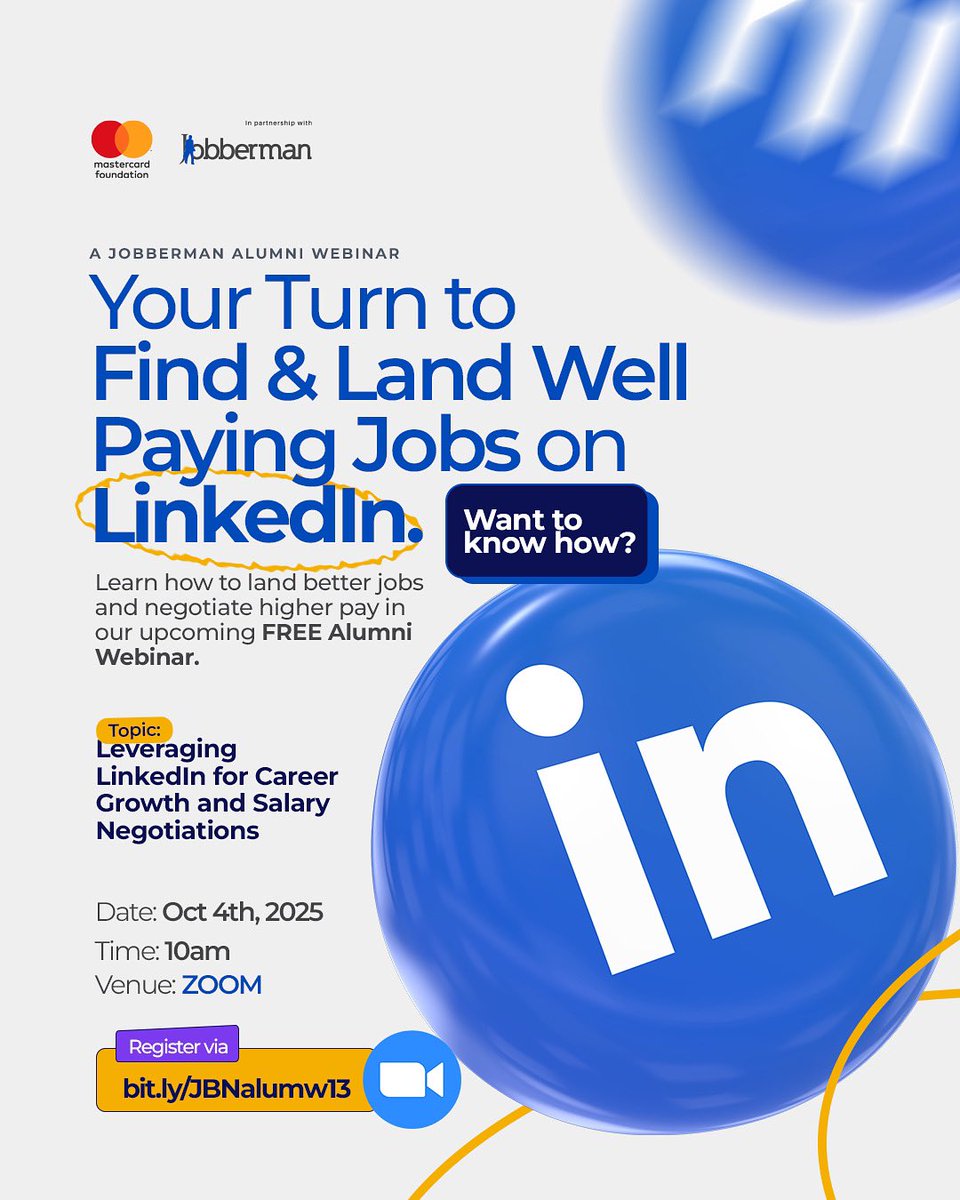 Jobbermandotcom's tweet photo. LinkedIn is more than just a networking site, it’s a powerful tool to land better opportunities and negotiate higher pay.
Register here with the link: https://t.co/HndGNVxerX
#JobbermanNigeria #CareerGrowth #LinkedInTips #SalaryNegotiation #BetterJobs https://t.co/qBtR6xRzm2
