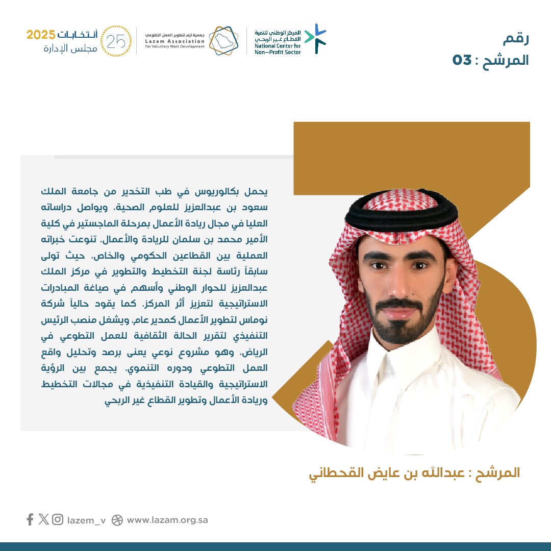 المرشح رقم (03)
عبدالله بن عايض القحطاني

حاصل على بكالوريوس في طب التخدير، وماجستير ريادة الأعمال من كلية الأمير محمد بن سلمان.

شغل مناصب قيادية في التخطيط والتطوير، و صياغة مبادرات استراتيجية.
🎯 يطمح لتعزيز دور الجمعية في الابتكار التطوعي.

#انتخابات_لزم #مجلس_الإدارة_2025