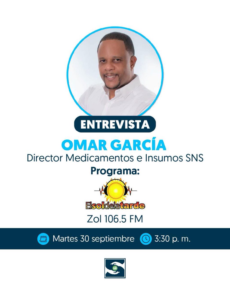SNSRDO's tweet photo. 🗓️ Sintoniza esta tarde la entrevista de Omar García, director de Medicamentos e Insumos del SNS, en el programa El Sol de la Tarde, por Zol 106.5 FM. donde resaltará detalles sobre la gestión de medicamentos en la Red Pública. 

💻https://t.co/v01ytYTtqE https://t.co/flB4rBPtsU