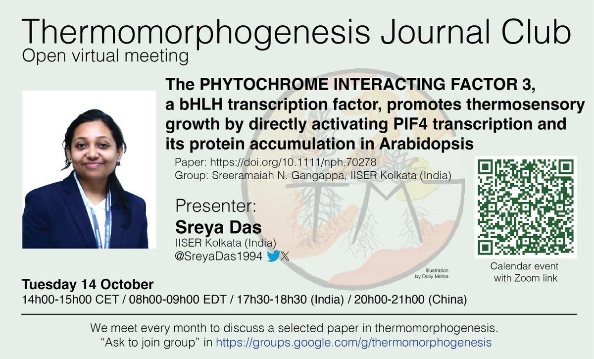📢 Thermomorphogenesis community 📢
I’m very excited to announce that <a href="/SreyaDas1994/">Sreya Das, PhD</a> will present again (!) in our JC. This time, she will present her paper on the role of PIF3 in thermomorphogenesis.
