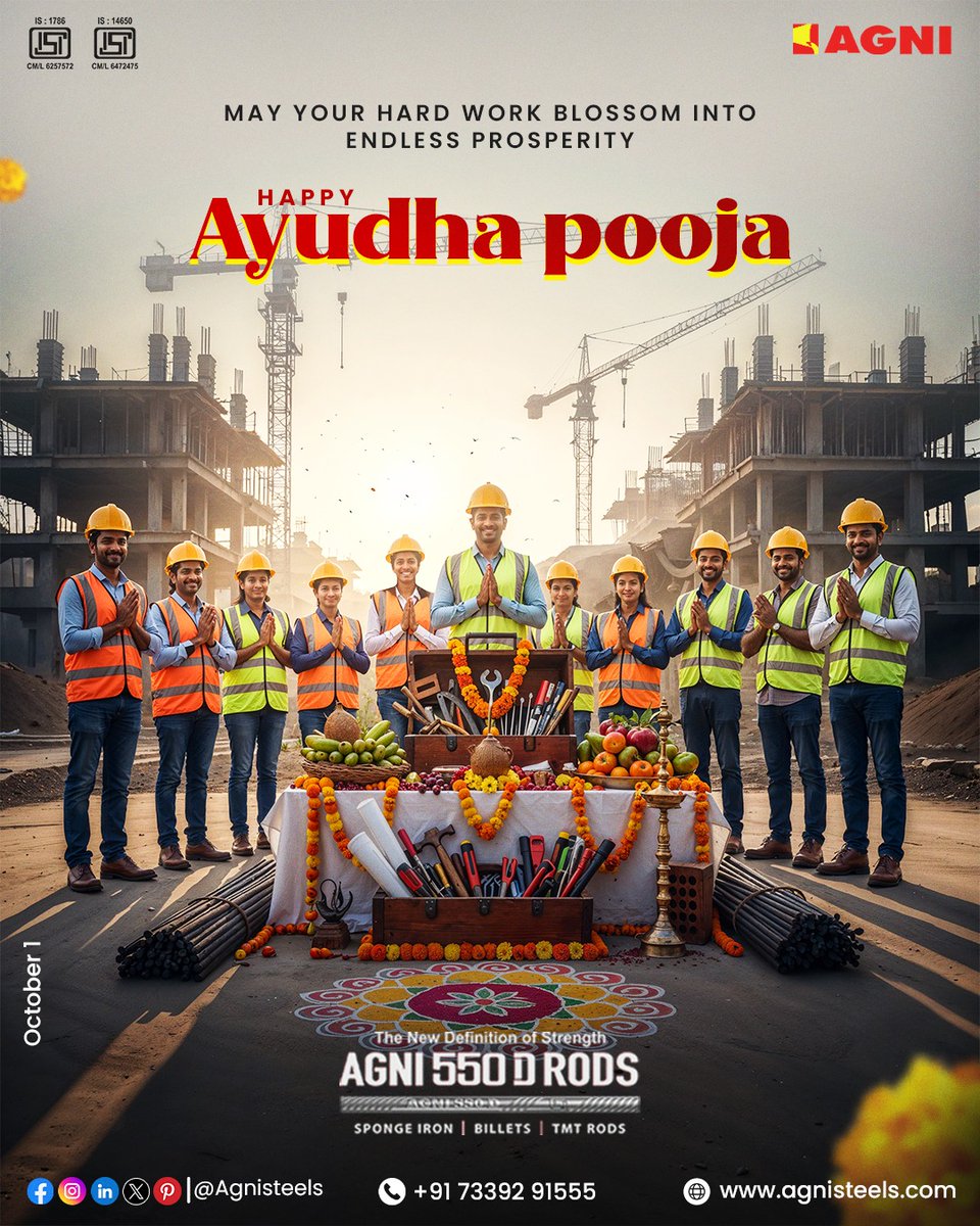 AgniSteels's tweet photo. This Ayudha Pooja, we honour the tools and steels that shape our tomorrow. 🔧✨

Agni Steels wishes you strength, prosperity, and happiness🏗🔥✨.

Happy Ayudha Pooja!

#AgniSteels #AyudhaPooja #StrengthThatLasts #ForgedByFire #PowerInEveryBar #ToolsOfProgress #FestiveStrength https://t.co/z9gWbkE4s1