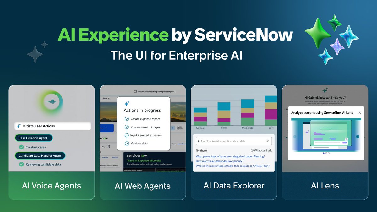 ServiceNowNews's tweet image. AI that acts &amp;gt; AI that chats. Meet the next breakthrough in how we engage with technology: AI Experience by ServiceNow. With AIx, prompts replace pages and conversations replace clicks. Interact with AI agents through text, voice, images, or data—right where you work.…