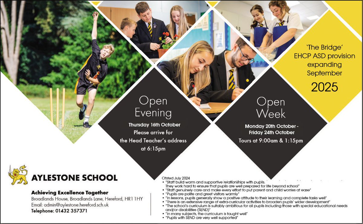 Please RT:Students and staff are looking forward to welcoming you to our Open Evening on Thurs Oct 16. Please arrive for 6:15pm at the Hall in Broadlands Primary School for the Head Teachers address. Guided tours of Aylestone will follow. For more info please visit our website