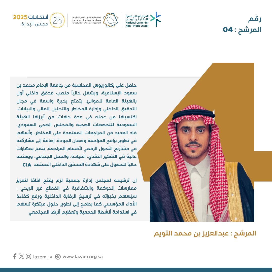 المرشح رقم (04)
عبدالعزيز بن محمد التويم
حاصل على بكالوريوس في المحاسبة من جامعة الإمام محمد بن سعود الإسلامية.
يعمل مدقق داخلي، ويمتلك خبرة في إدارة المخاطر وتحليل البيانات.
🎯 يسعى لتعزيز الشفافية والحوكمة في الجمعية، ورفع كفاءة الأداء المؤسسي.
#انتخابات_لزم #مجلس_الإدارة_2025