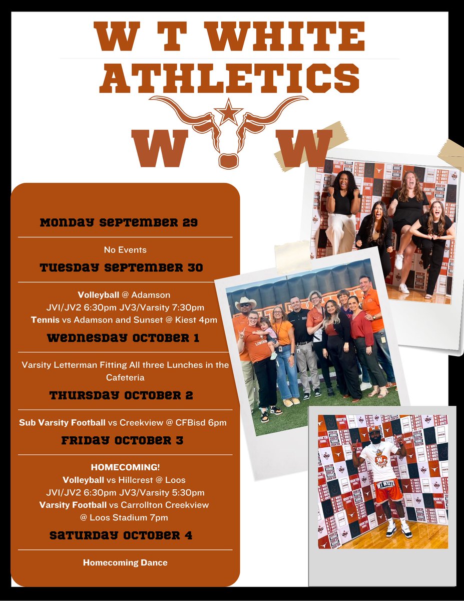 Athletics this week! <a href="/dallasathletics/">Dallas ISD Athletics</a> <a href="/WTWHighSchool/">WT White High School</a> <a href="/wtwhitevt/">W.T. White Vertical Team</a> <a href="/ClubWtw/">WTW Longhorns Booster Club</a>