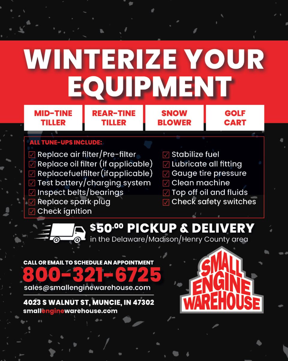SmallEngineSEW's tweet image. Take advantage of our new winterizing services this year! Call or email to schedule an appointment.

#winterizing #winterservices #smallenginewarehouse
