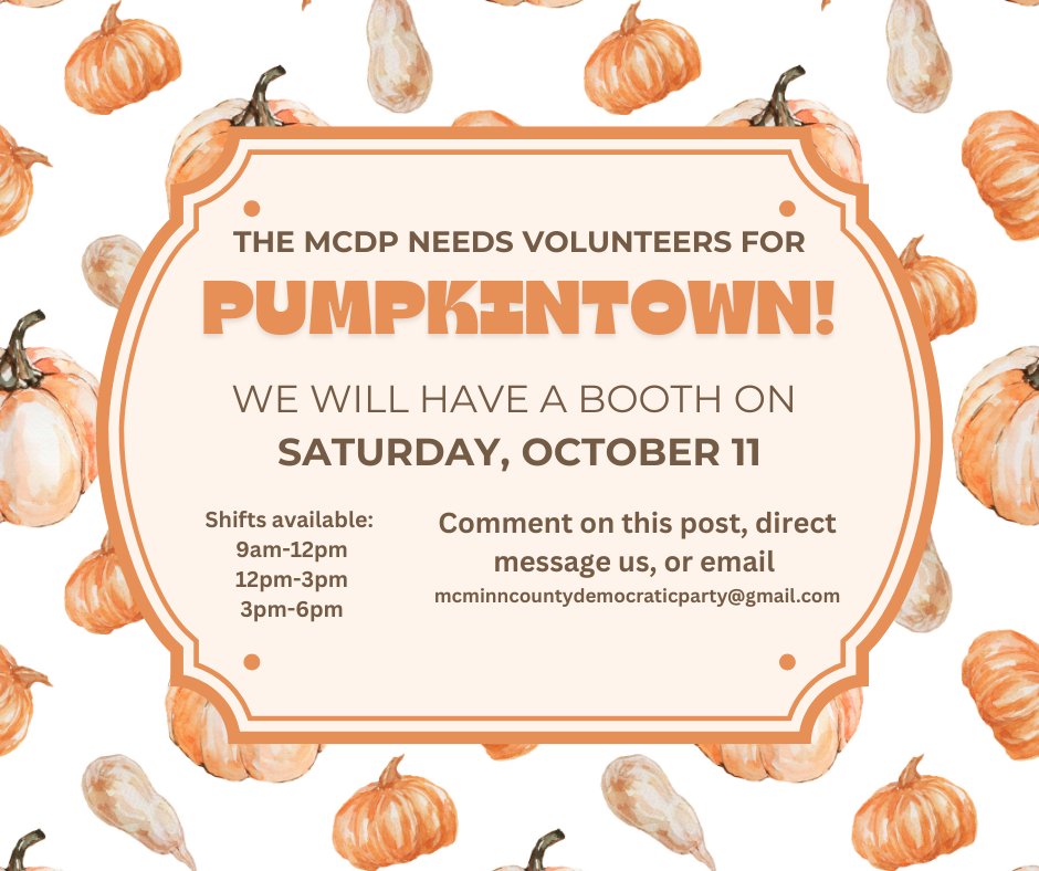 We need volunteers for the Pumpkintown Festival Saturday, October 11th! We have shifts available all day! Comment, DM, or email mcminncountydemocraticparty@gmail.com if you want to volunteer.
