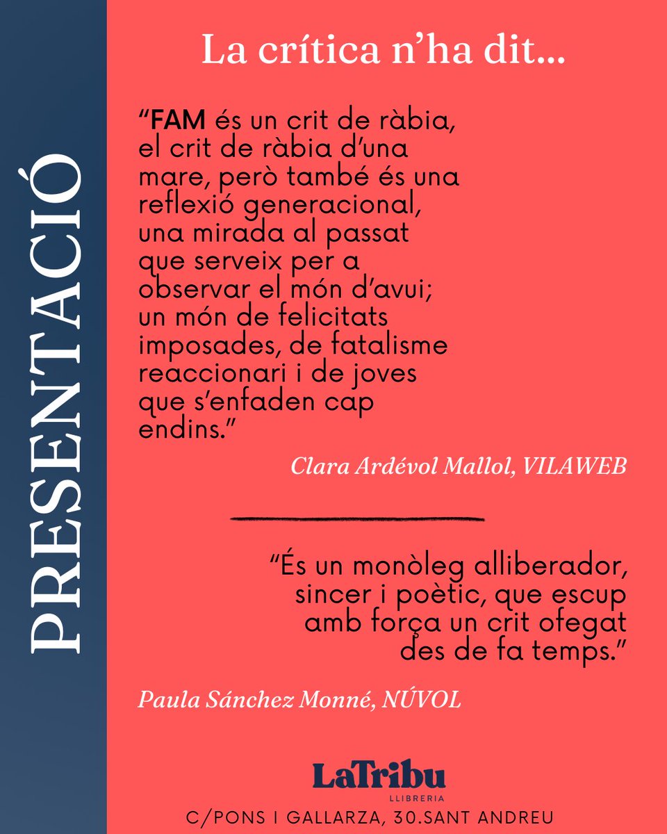 DIJOUS 2 D'OCTUBRE, 19H
Presentarem el llibre "Fam" amb la seva autora <a href="/NuriaBusquet/">Núria Busquet Molist</a> i la periodista i sòcia de La Tribu <a href="/DaliaRBonet/">Dàlia Rajmil Bonet</a> .
Amb la complicitat d'<a href="/Ed_Periscopi/">Periscopi</a> 
Us hi esperem!
ℹ️latribullibreria.com/cat/agenda/eve…