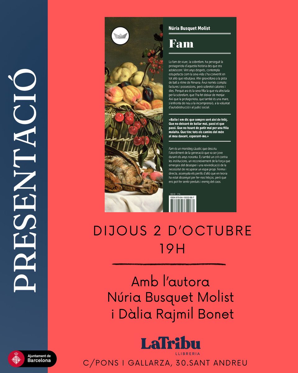 tribullibreria's tweet photo. DIJOUS 2 D'OCTUBRE, 19H
Presentarem el llibre "Fam" amb la seva autora @NuriaBusquet i la periodista i sòcia de La Tribu @DaliaRBonet .
Amb la complicitat d'@Ed_Periscopi 
Us hi esperem!
ℹ️https://t.co/3clVNXINpj https://t.co/FrE27zqRvO