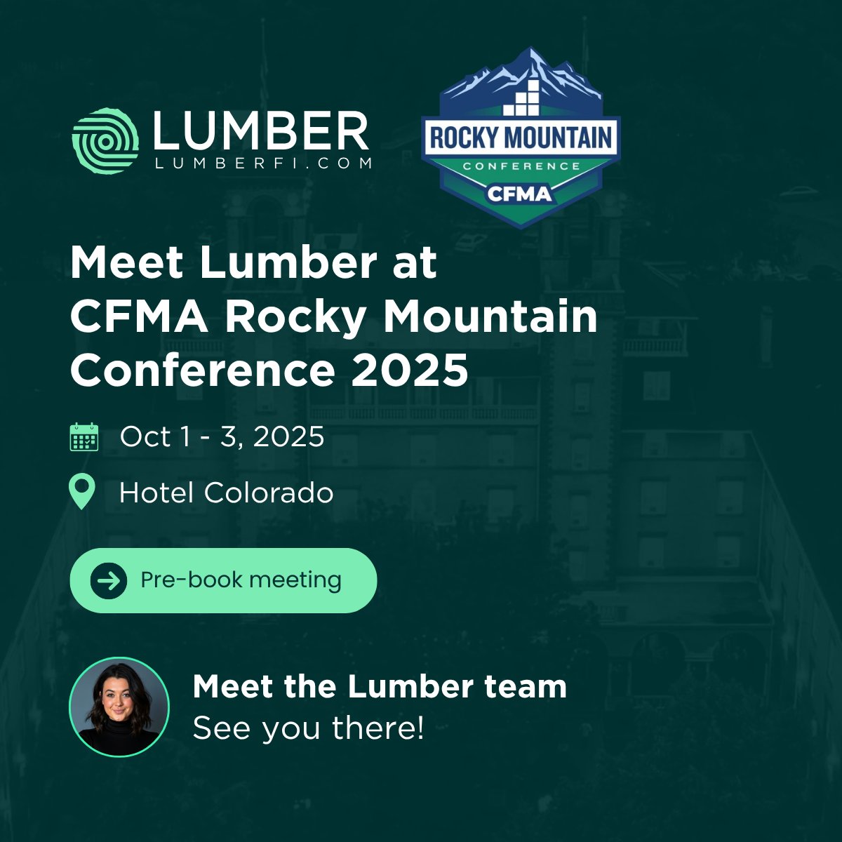 Heading to CFMA Rocky Mountain Conference this week?🏔️ 

Meet with Carli McCulloch from Lumber while you're there!

📅 Pre-book a meeting now to secure your spot and make the most of your conference experience: hubs.la/Q03LsZRQ0

#MeetLumber #CFMARockyMountain