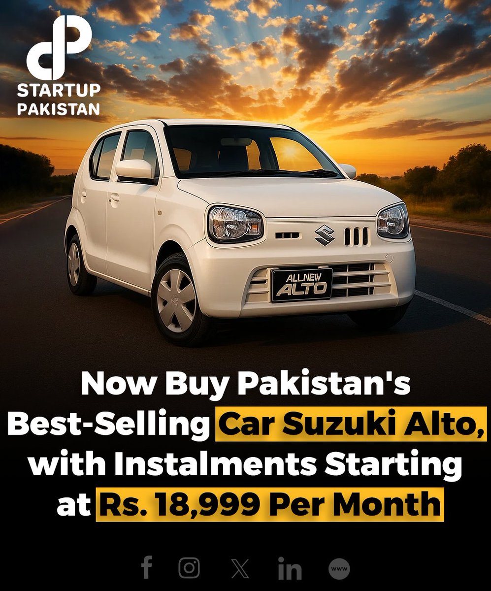 PakStartup's tweet image. Now buy Pakistan&apos;s best-selling car Suzuki Alto, with instalments starting at Rs. 18,999 per month

Read More Here: startuppakistan.com.pk/now-buy-pakist…

#Pakistan #Best #Selling #Car