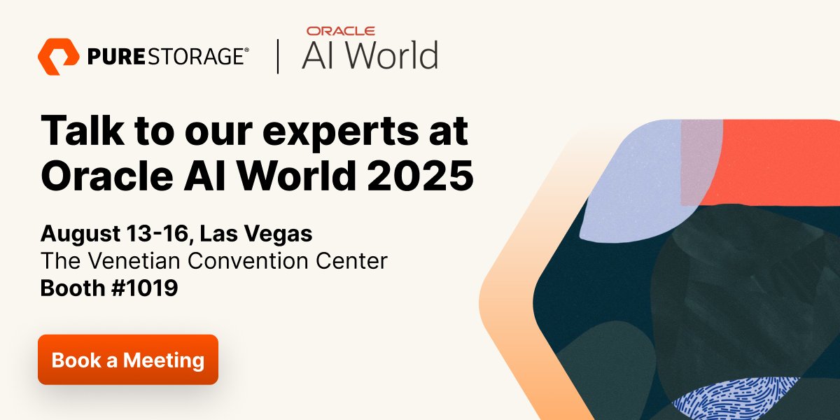 PureStorage's tweet image. Oracle AI World is almost here. Visit us October 13-16 at booth 1019 to see how the Pure Storage platform delivers efficient, high-performance storage for all your Oracle workloads—a game changer for your databases: purefla.sh/46Kc4wy

#Oracle #OracleCloudWorld #AIWorld…