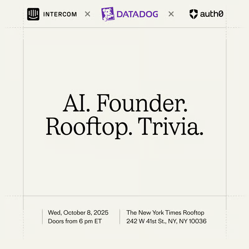auth0's tweet photo. 🚨 NYC Founders 🚨
Oct 8 → We’re throwing the AI Founder Rooftop Trivia Party w/ @datadoghq + @intercom
🍸 Rooftop of the NYT building
🧠 AI trivia
💰 $10k+ credits + AirPods
Space is tight—apply now: https://t.co/nafUVJqhny
#NYTech #AI #Startups #Auth0 https://t.co/DRbXVMRzMZ