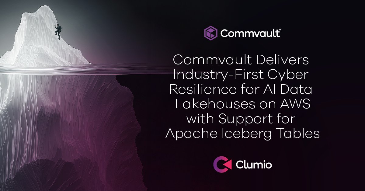 Commvault's tweet image. Data lakehouses are booming - but they’re exposed to ransomware, data loss and compliance risks. We’re closing the gap.

Meet #Clumio for Apache Iceberg on AWS: air-gapped, Iceberg-aware protection built for AI and analytics at scale. bit.ly/4mF7Z2Q

#ApacheIceberg