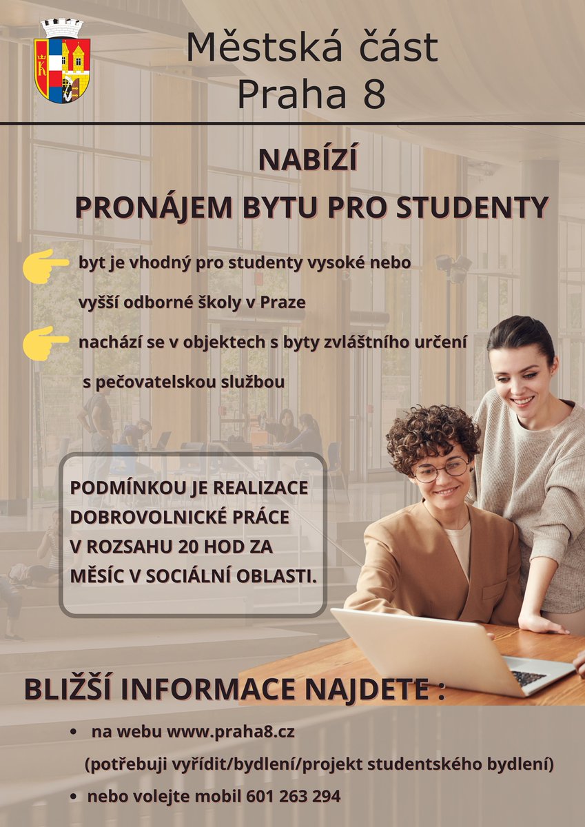 MČ Praha 8 nabízí pronájem bytu pro studenty
⬇️
Byt je vhodný pro studenty vysoké nebo vyšší odborné školy. Podmínkou je realizace dobrovolnické práce v sociální oblasti.

Více informací o projektu:
praha8.cz/Projekt-studen…