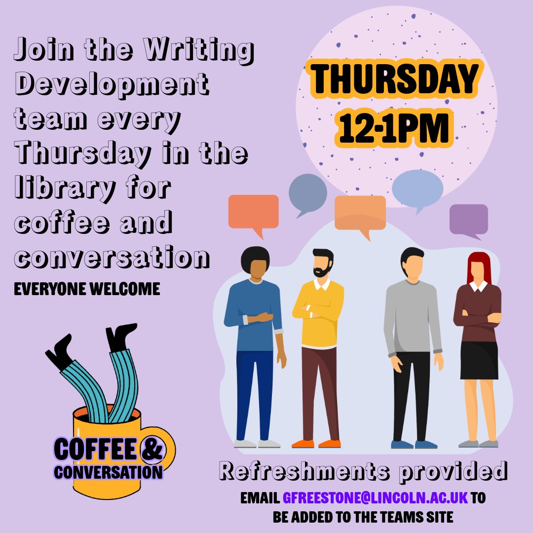 LibraryUoL's tweet image. This Thursday in UL101 12-1, meet fellow students and chat with library staff, refreshments provided &amp;amp; everyone is welcome!

#CoffeeAndConvo #LibraryChat #Conversation #InternationalStudents