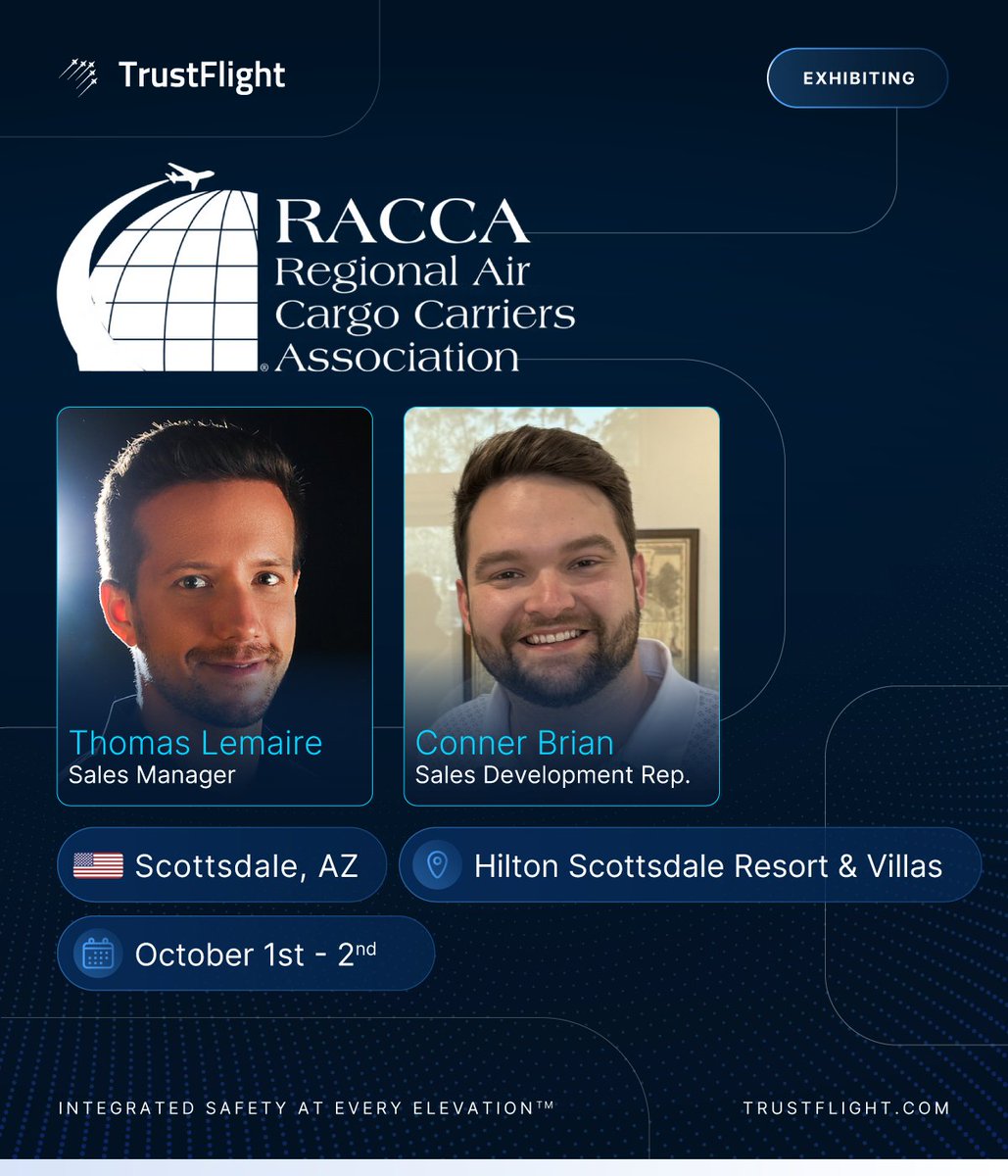 Tomorrow, the TrustFlight team will be exhibiting at the #RACCA Annual Conference in Scottsdale, Arizona, showcasing TrustFlight’s industry-leading Safety and Quality Management System and Tech Log. Don't miss out!

#aviationinnovation #TrustFlight #digitalaviation