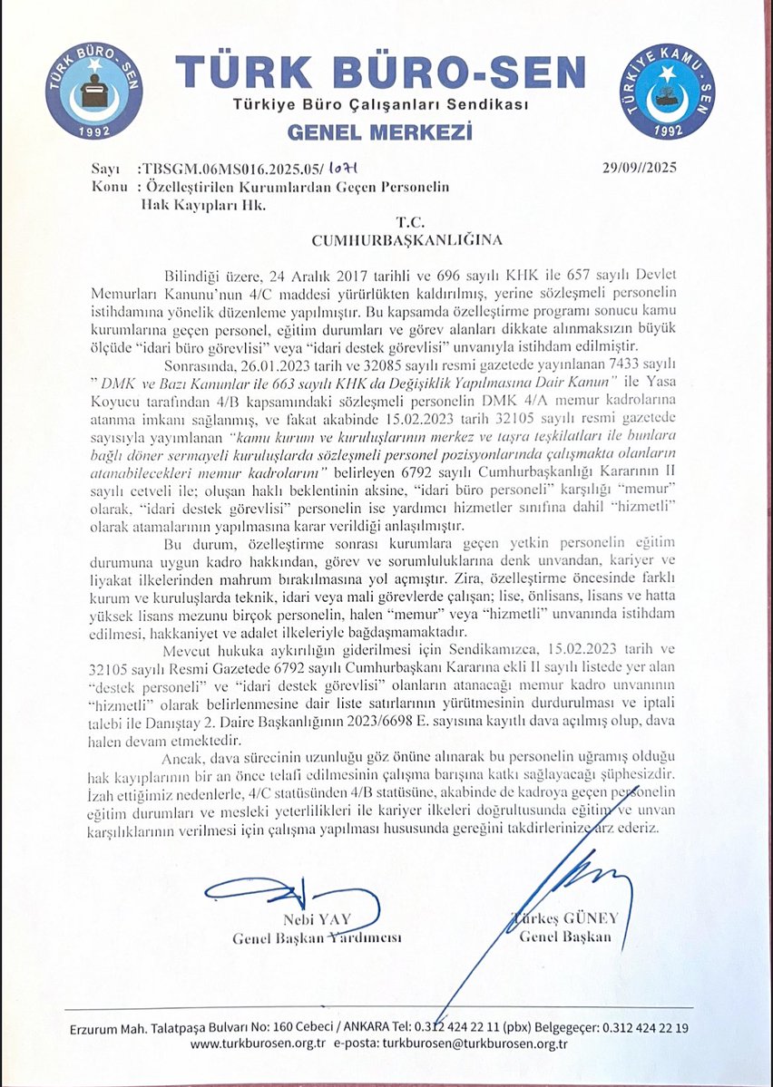 ‼️ ÖZELLEŞTİRİLEN KURUMLARDAN GEÇEN PERSONELİN YAŞADIĞI HAK KAYIPLARININ GİDERİLMESİ İÇİN CUMHURBAŞKANLIĞINA YAZILI TALEPTE BULUNDUK.

📌 Özelleştirilen kurumlarda çalışan pek çok personel kamu kurumlarına geçiş yapmış, ancak 15.02.2023 tarihinde yayımlanan Cumhurbaşkanı Kararına