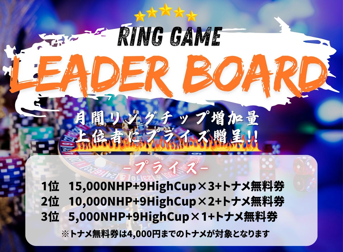 【告知】
10月より...

　　　  ＼＼＼｜｜｜｜／／／
🎉☀️NEW月間リーダーボード開始☀️🎉
　　　  ／／／｜｜｜｜＼＼＼

新しくなったリーダーボードを勝ち抜いてプライズを獲得せよ‼🏆

#9High #新潟 
#リーダーボード
#テキサスホールデム