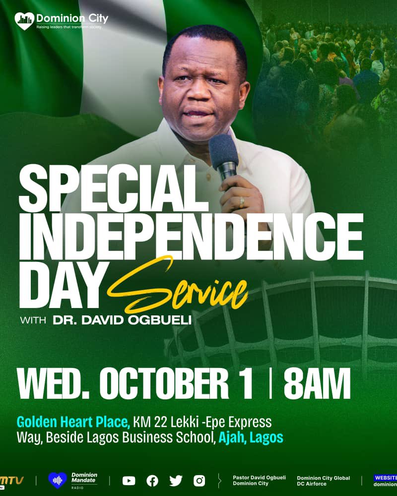 dominioncitylag's tweet photo. Join us tomorrow for a special Independence Day service with Dr David Ogbueli as God is set to release the prophetic over us. Don’t miss it.
#DominionCity #DCLagosHq #DrDavidOgbueli #independenceDayService https://t.co/gISQ9ERiLk