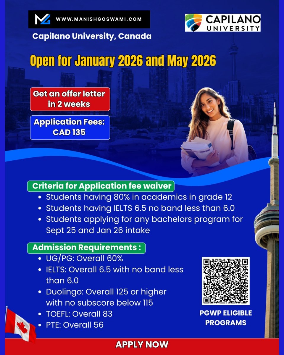 🍁 Capilano University, Canada – Admissions Open! 🍁
📌 Intakes: January 2026 &amp; May 2026

✨ Why Capilano University?
✅ Get an offer letter in just 2 weeks
✅ PGWP eligible programs
✅ Application Fee: CAD 135
✅ Application Fee Waiver available (conditions apply)

📌 Criteria