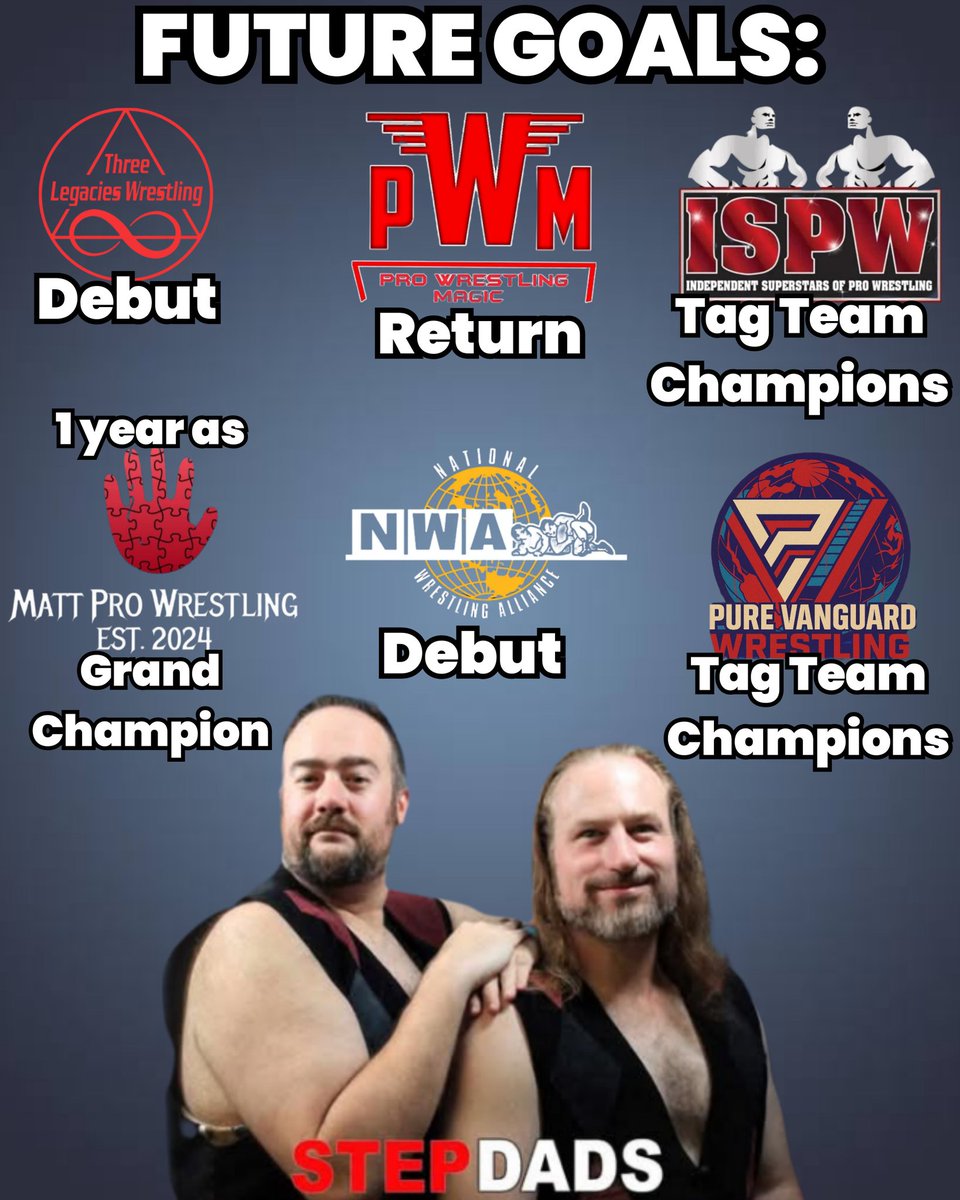StepdadsWrestling (@stepdadswrestle) on Twitter photo FUTURE GOALS:
<a href="/3Legacies/">3 Legacies Wrestling</a> debut
@WrestlingMagicPro return
<a href="/ISPWWrestling/">ISPW Wrestling</a> Tag Team Champions
1 year as <a href="/ThisIsMattPro/">Matt Pro Wrestling</a> Grand Champion
<a href="/nwa/">NWA</a> debut
#PureVanguardWrestling Tag Team Champions
#wwe #aew #tna #nxt #prowrestling FUTURE GOALS:
<a href="/3Legacies/">3 Legacies Wrestling</a> debut
@WrestlingMagicPro return
<a href="/ISPWWrestling/">ISPW Wrestling</a> Tag Team Champions
1 year as <a href="/ThisIsMattPro/">Matt Pro Wrestling</a> Grand Champion
<a href="/nwa/">NWA</a> debut
#PureVanguardWrestling Tag Team Champions
#wwe #aew #tna #nxt #prowrestling