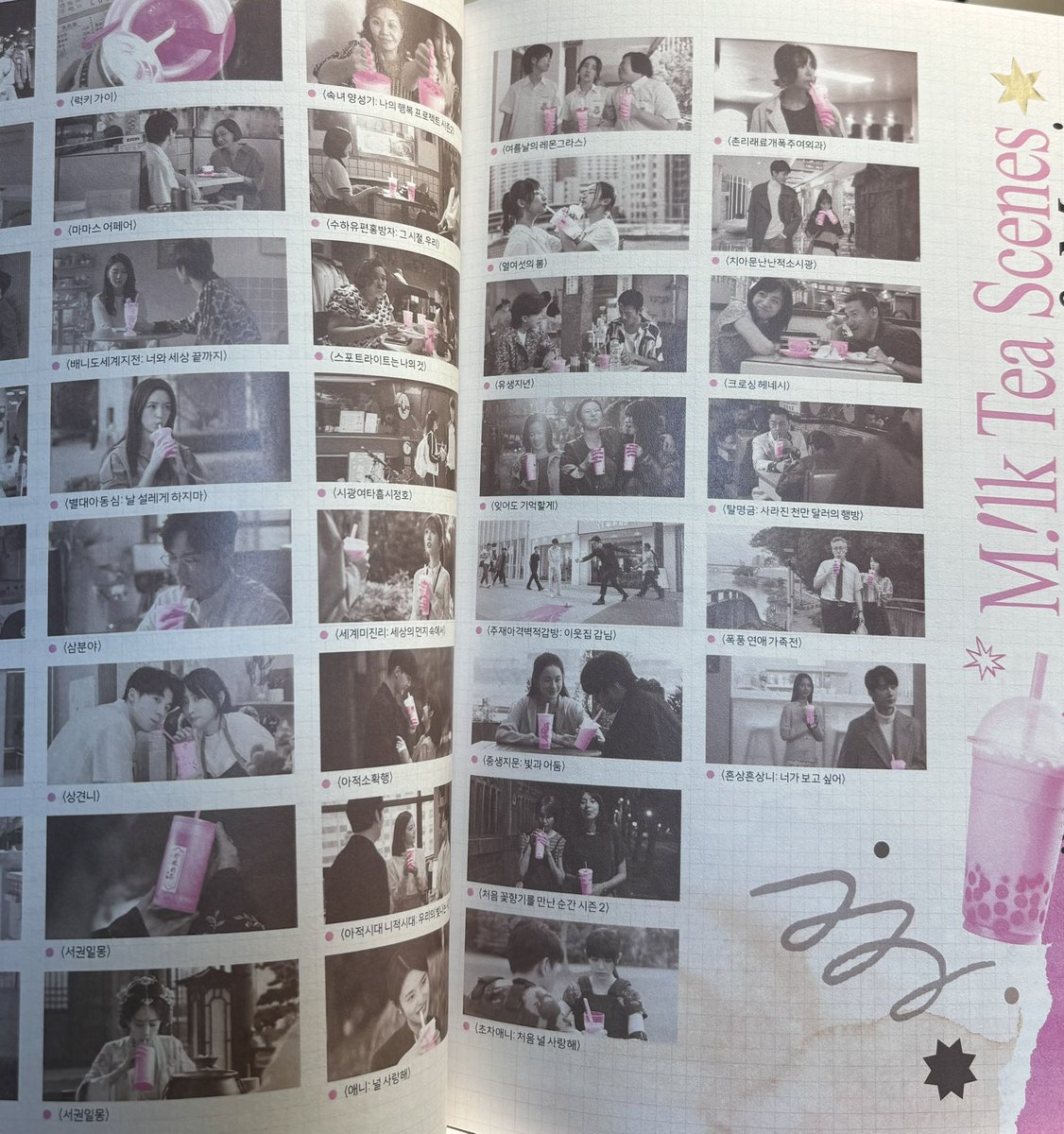 작품 자체도 사랑이 가득 담겨 있지만, 작품에 대한 사랑을 가득담아 기획하신게 너무나도 잘 느껴짐… 작품 속 밀크티가 나온 부분을 이렇게나 많은 작품을 발췌하여 하나하나 표시한 걸 보고 보통 미치신게(p) 아닌 거 같았어요