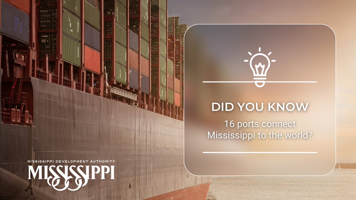 Mississippi Development Authority (@mdaworks) on Twitter photo Did you know Mississippi has 16 ports across its Gulf Coast, Mississippi River, Tenn-Tom Waterway and Yazoo River?
• <a href="/PortPascagoula/">Port Pascagoula</a> = $18.3B economic impact
• 28,000+ jobs supported statewide
• Four foreign trade zones plus inland river access
mississippi.org Did you know Mississippi has 16 ports across its Gulf Coast, Mississippi River, Tenn-Tom Waterway and Yazoo River?
• <a href="/PortPascagoula/">Port Pascagoula</a> = $18.3B economic impact
• 28,000+ jobs supported statewide
• Four foreign trade zones plus inland river access
mississippi.org