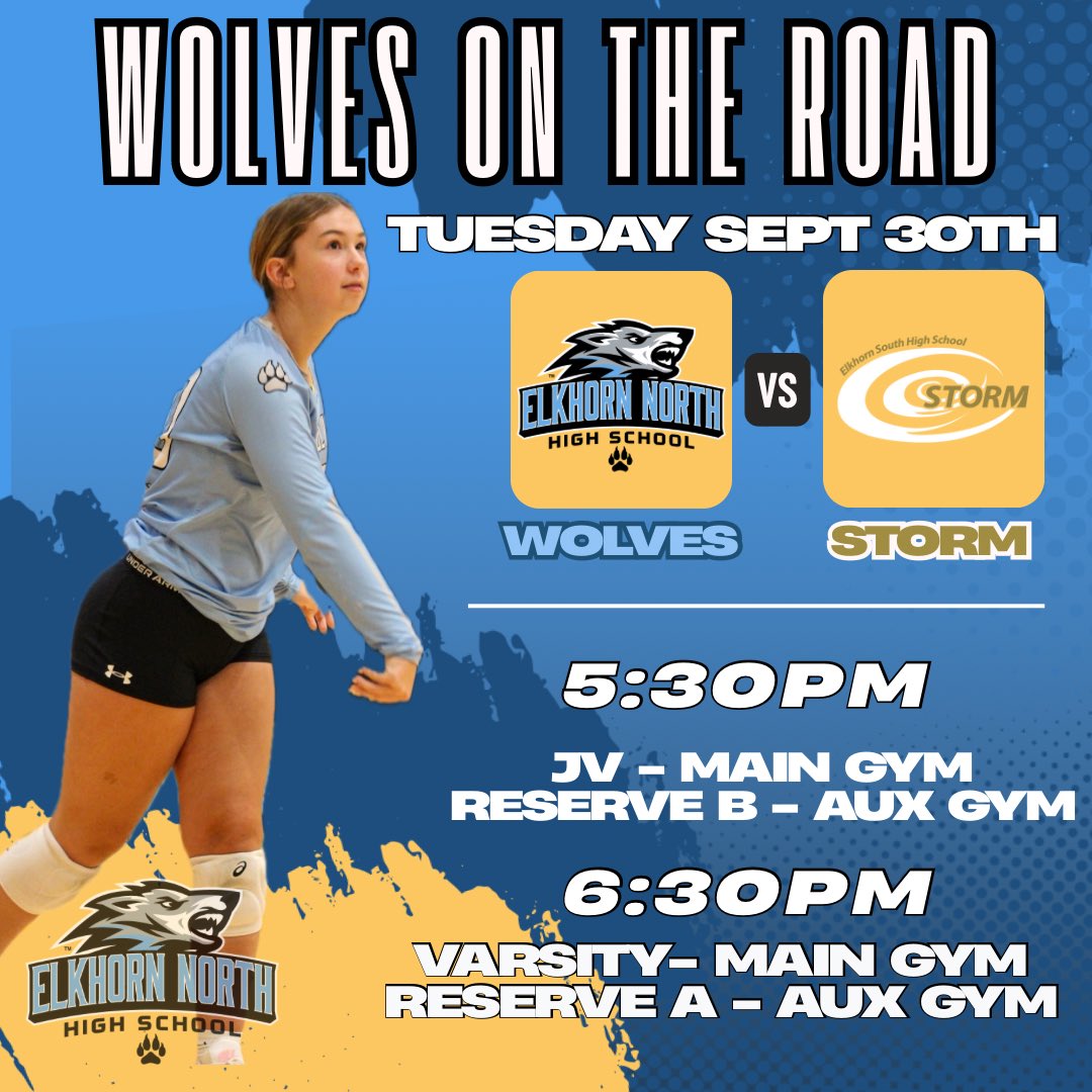 🐺🏐 It’s GAMEDAY!
The Wolves hit the road to face crosstown rivals Elkhorn South!

📍 Elkhorn South High School
⏰ 5:30 – JV (Main) &amp; Reserve B (Aux)
⏰ 6:30 – Varsity (Main) &amp; Reserve A (Aux)

Come pack the gym and cheer on the Wolves! 💙 #FinishTheMission