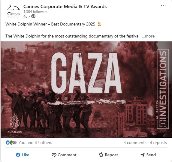 We picked the best documentary of the year: Gaza. This was what we could do for the people of Palestine, to help get their voices heard and stop this war.