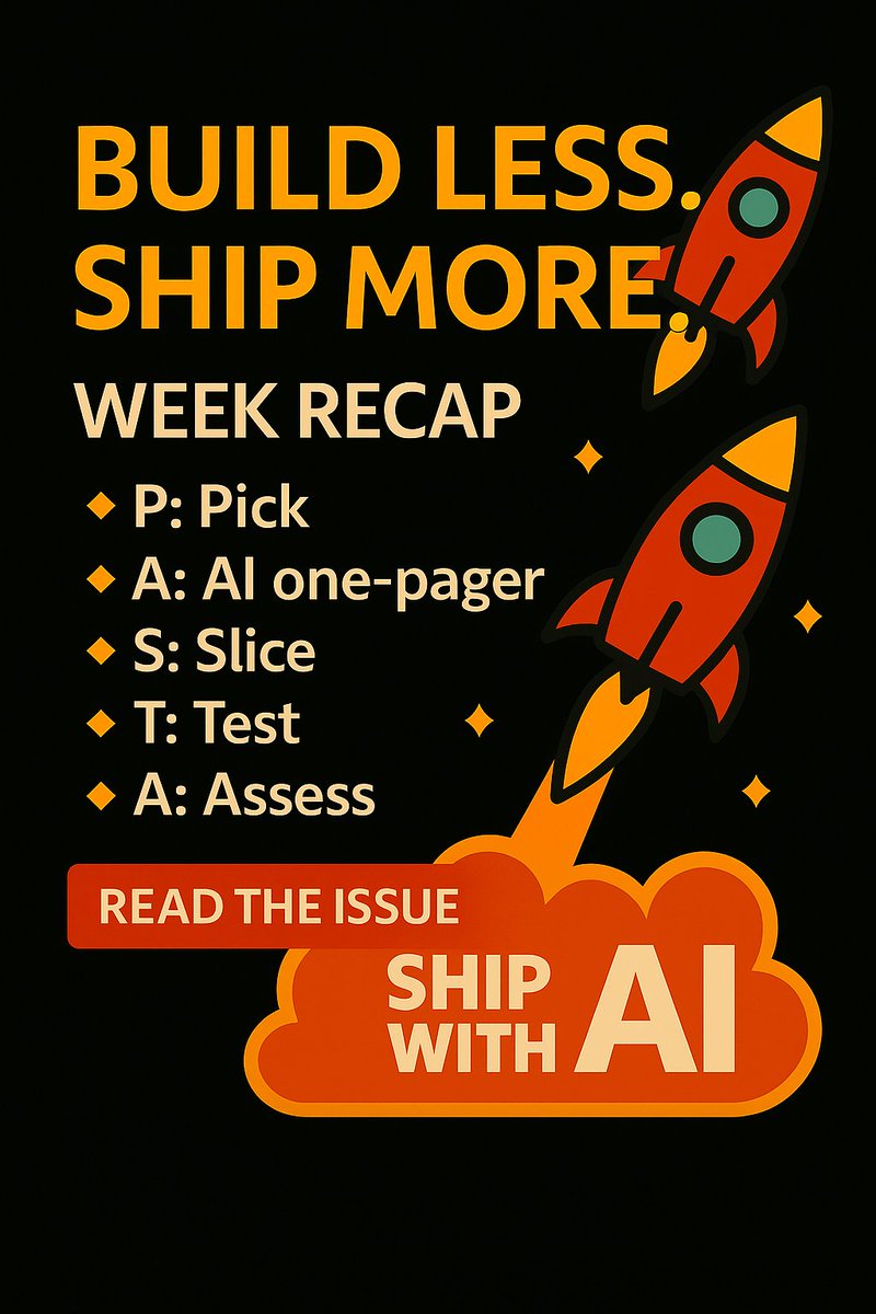 codebrainr's tweet image. PASTA recap:
Pick → AI → Slice → Test → Assess.
One feature, real signal.
Keep the loop for one more week.
Link: shipwithai.substack.com/p/pasta-al-den…