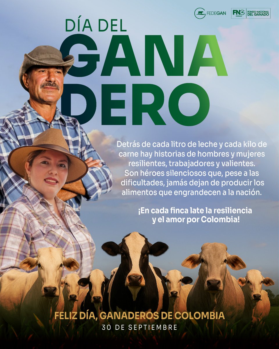 Fedegan's tweet photo. 🤠 ¡Feliz Día, Ganaderos de Colombia! 🇨🇴

No existen palabras suficientes para expresar el agradecimiento hacia ustedes... por su inmenso amor a la patria, por no detenerse nunca y por impulsar con su trabajo el progreso del campo.

#DiaDelGanadero @jflafaurie https://t.co/L38zocjn0D
