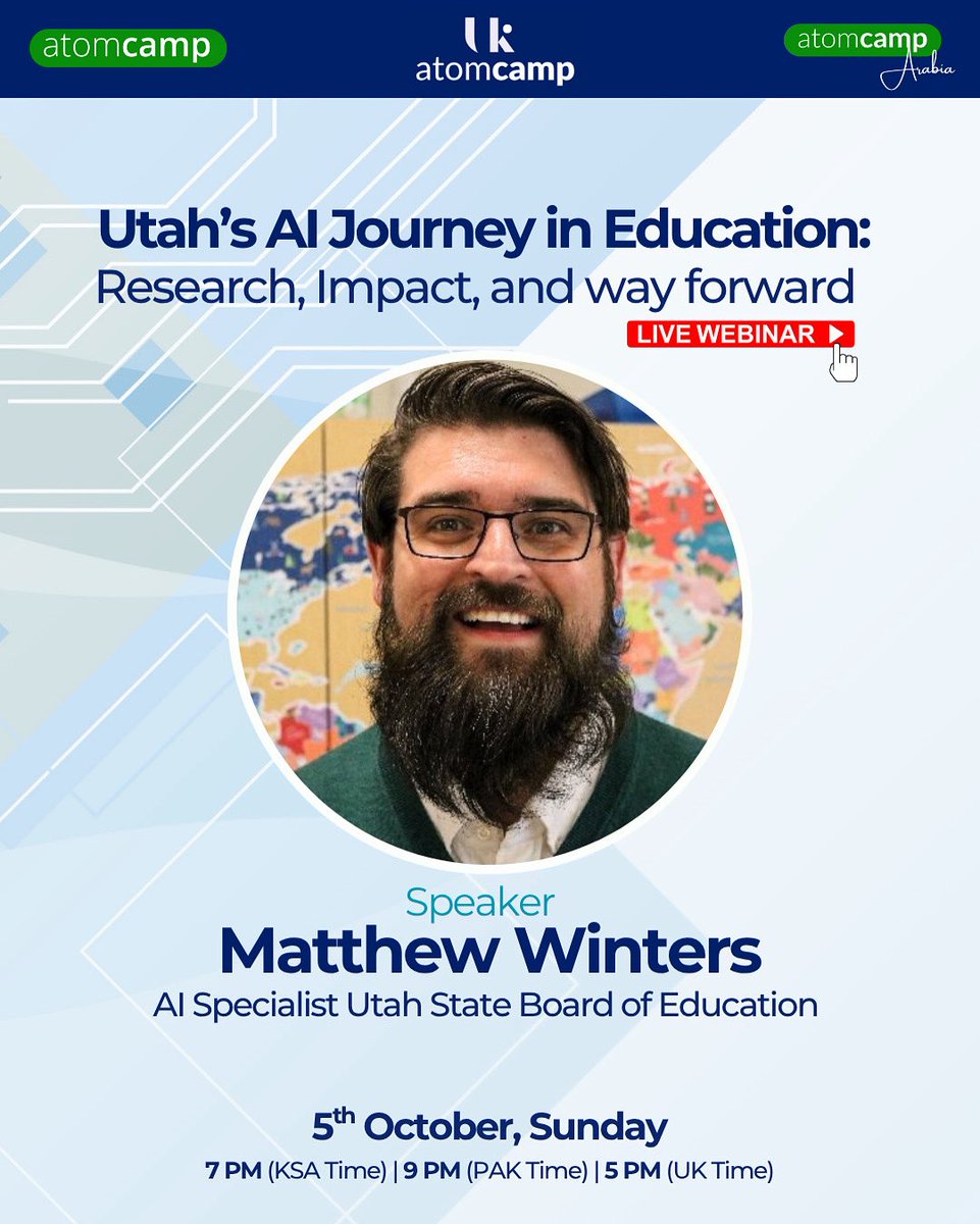 atomcamp's tweet image. Are we truly ready to bring AI into education — or just experimenting in silos?
Join our interactive webinar with Matthew Winters, AI Specialist, Utah State Board of Education, as he shares Utah’s AI Journey in Education: Research, Impact, and the Way Forward.
Educators and…