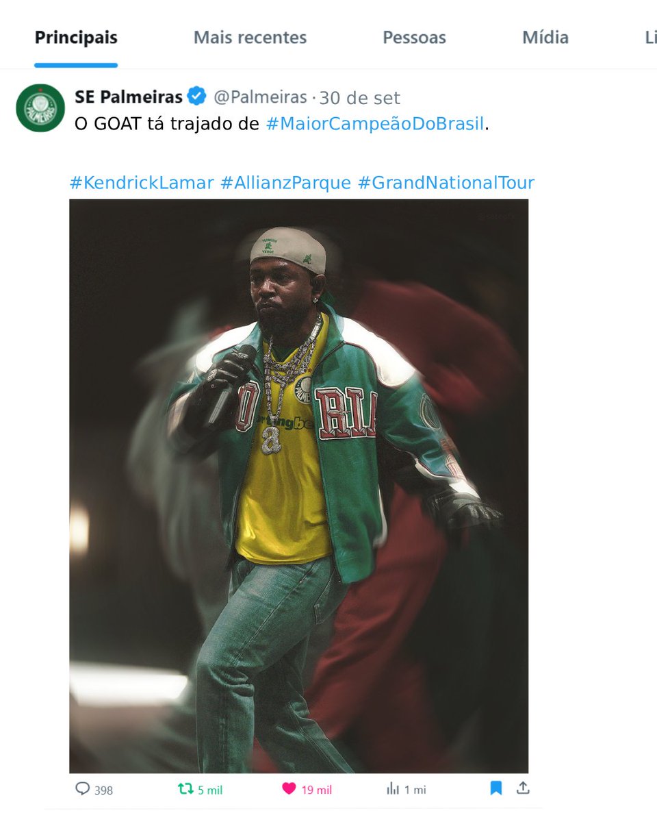 Kendrick + Palmeiras x Mancha Verde🚀

Hoje o Allianz é do GOAT.  👑

#KENDRICK #KendrickLamar #Palmeiras #AllianzParque