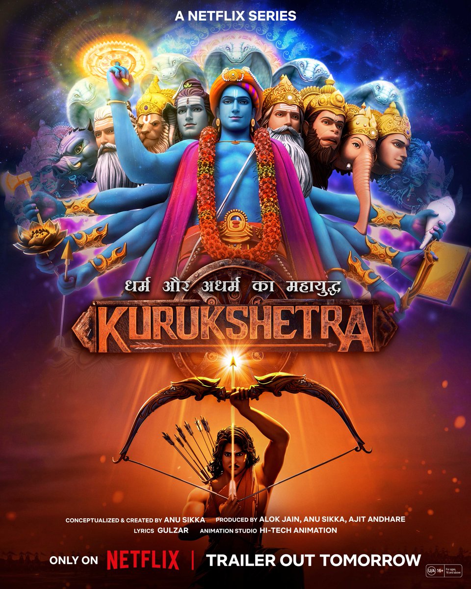 Viacom18Studios's tweet photo. Dharm-adharm ke mahayudh ke panne kal khulenge 🏹🔥
Watch Kurukshetra, trailer out tomorrow, only on Netflix. https://t.co/J4hRcHZrnX